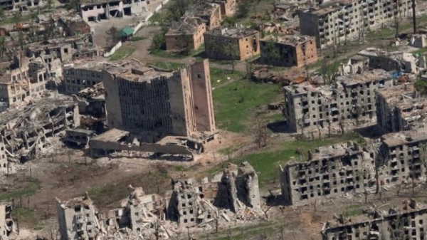 An aerial view shows destroyed buildings in Bakhmut, taken on 15 June