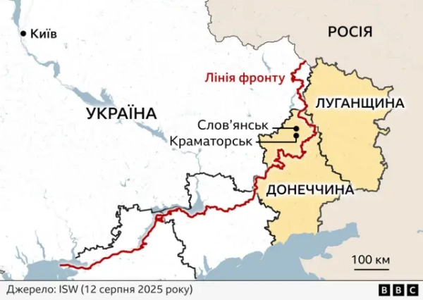 Карта з виділеним жовтим кольором регіоном Донбасу. На українській стороні фронту, позначеного червоною лінією, підписані міста Слов’янськ і Краматорськ, розташовані в Донецькій області. Джерело: ISW, станом на 12 серпня 2025 року.