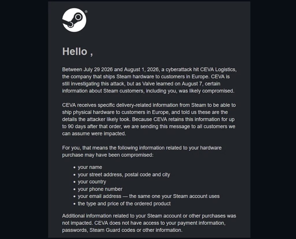 Витік даних у CEVA Logistics: Valve попереджає європейських покупців обладнання Steam 12 valve data breach email